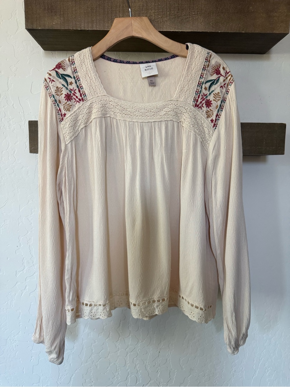 Knox Rose|Boho Cream floral Embroidered Long-Sleeve Peasant Blouse,crotchet••• - Picture 2 of 13